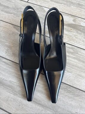 Saint Laurent Lee Black Pointed Slingback Heels with Gold Accent
